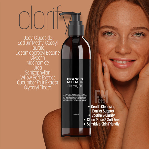 Francis Michael clarifying gel bottle with a woman's face on a brown background