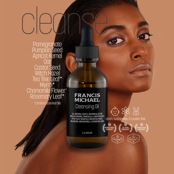 Francis Michael cleansing oil bottle with a woman's face on a brown background