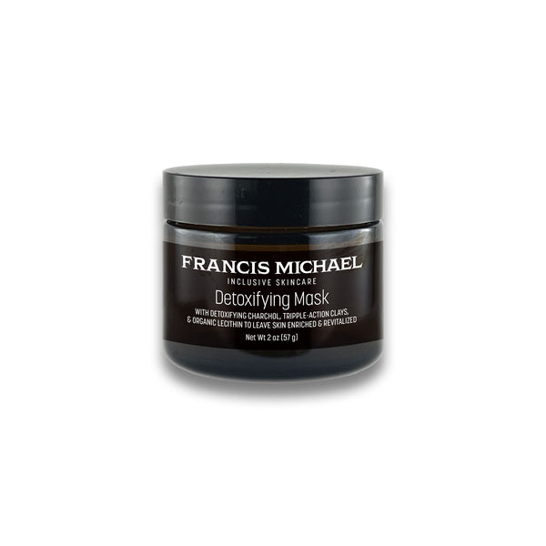 Black jar of Francis Michael Detoxifying Mask on a white background