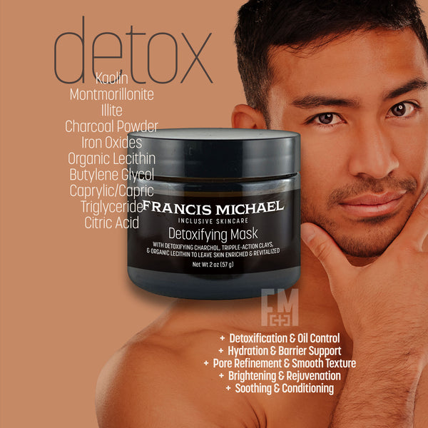 Francis Michael detoxifying mask with a man holding his chin on a beige background