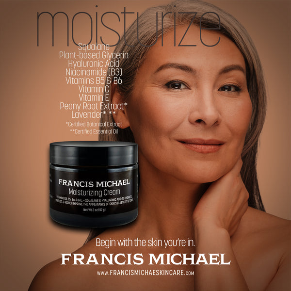 Advertisement for Francis Michael moisturizing cream featuring a woman's face and product.