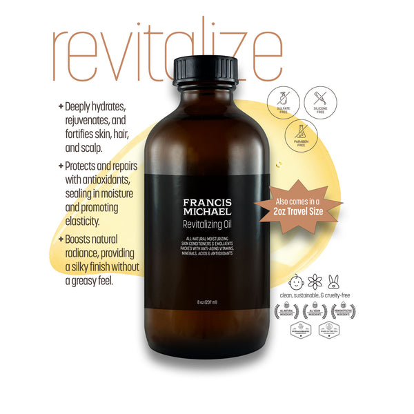 FRANCIS MICHAEL Revitalizing Oil is available in two sizes: 8 oz and 2 oz.