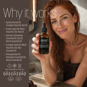 A woman with wet red hair holds a small amber dropper bottle labeled FRANCIS MICHAEL Cleansing Oil in a spa-like setting. The left side has a dark brown panel with the text 'Why it works,' and bullet points about ingredients, plus small certification logos near the bottom.