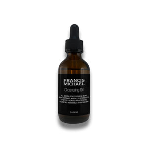 Francis Michael Cleansing Oil in an amber glass dropper bottle with a black label and black dropper cap, centered on a white background.