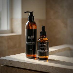 Two bottles of Francis Michael skincare products, Francis Michael Clarifying Gel and Francis Michael Cleansing Oil, on a wooden surface with a neutral background.