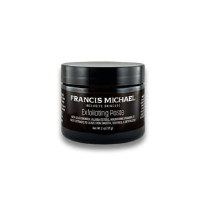 A black jar of Francis Michael Exfoliating Paste on a clean white background.