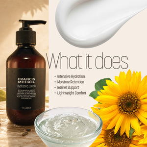 Francis Michael Hydrating Lotion in an amber pump bottle, shown beside a close-up of white lotion cream and a glass bowl of clear gel, with text reading 'What it does' and sunflower graphics on a warm beige background.