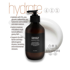 Brown bottle of Francis Michael Hydrating Lotion with text on a white background