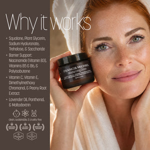 A woman in a white towel holds a jar of Francis Michael Moisturizing Cream next to a text panel that explains the moisturizer's ingredients and benefits.