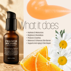 Francis Michael Nourishing Serum bottle on a wooden surface with orange slices, daisies, and a peach slice graphic on a beige background with the text 'brightens' and product benefits.