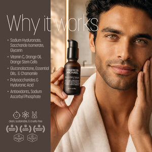 A man in a white robe holds a bottle of Francis Michael Nourishing Serum against a warm bathroom background, with product benefits listed on the left side.