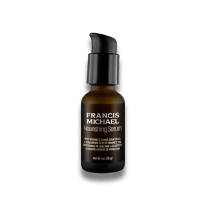 Francis Michael Nourishing Serum in a 1 fl oz amber glass bottle with a black pump dispenser, shown on a white background with a soft shadow.