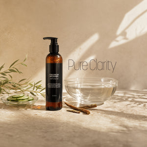 A bottle of Francis Michael Clarifying Gel, titled "Pure Clarity," stands on a textured beige surface next to a glass bowl of water, with cucumber slices and cinnamon sticks, under warm, dappled sunlight.