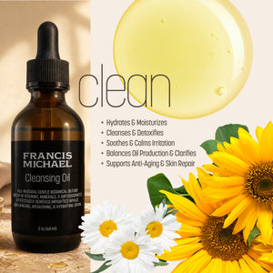Francis Michael Cleansing Oil in an amber glass dropper bottle, shown next to a large yellow oil droplet, white daisies, sunflowers, and text describing its benefits on a warm beige background.