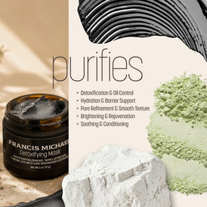 Francis Michael Purifies Detoxifying Mask jar shown on a beige promotional graphic with product benefits text, a black mask smear, white clay, and green powder.