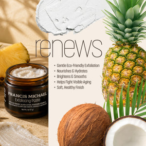 Francis Michael Renew Exfoliating Paste jar shown in a styled product graphic with pineapple, coconut, cream, and text describing benefits.
