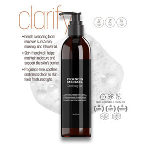 Francis Michael clarifying gel bottle with product details on a white background