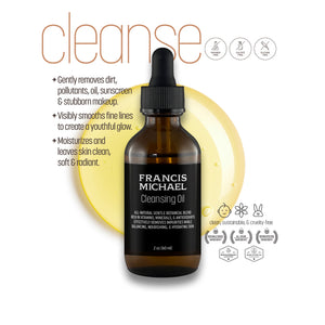 Brown bottle with dropper labeled FRANCIS MICHAEL Cleansing Oil on a white background