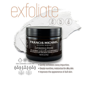 A jar of Francis Michael Exfoliating Paste designed for brightening face and body scrub. The product is meant to smooth and moisturize skin, and appears to be packaged in a black jar with white labeling.