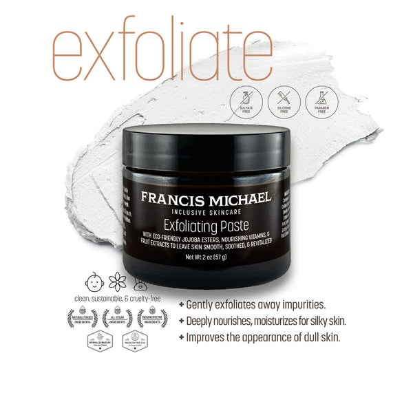 A jar of Francis Michael Exfoliating Paste designed for brightening face and body scrub. The product is meant to smooth and moisturize skin, and appears to be packaged in a black jar with white labeling.