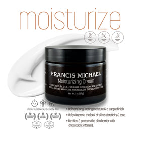A jar of Francis Michael Moisturizing Cream with key visuals highlighted, such as being oil-free and non-comedogenic.