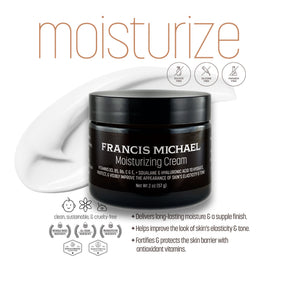 A jar of Francis Michael Moisturizing Cream with key visuals highlighted, such as being oil-free and non-comedogenic.